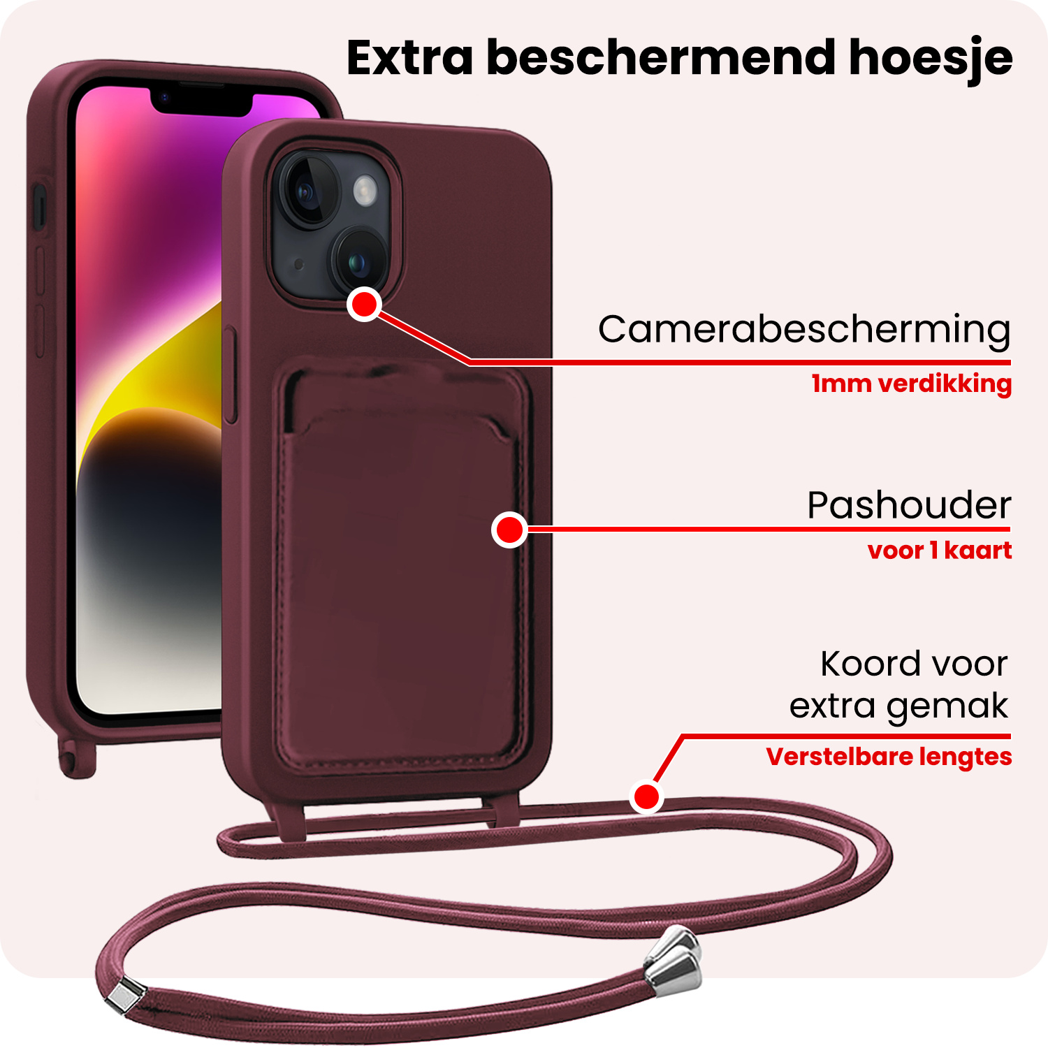 NoXx NoXx iPhone 14 Hoesje Pashouder met Koord Met 2x Screenprotector - Aubergine