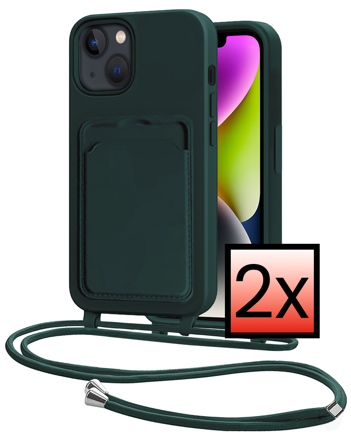 NoXx NoXx iPhone 14 Hoesje Pashouder met Koord - Donkergroen - 2 PACK