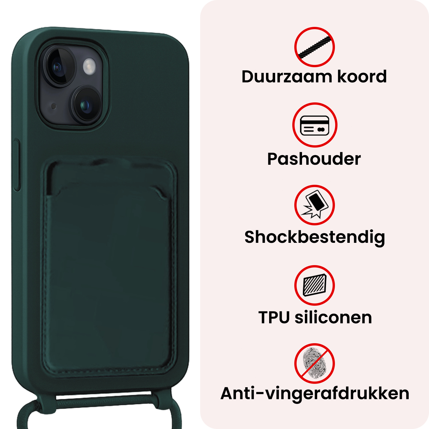 NoXx NoXx iPhone 14 Hoesje Pashouder met Koord Met Screenprotector - Donkergroen