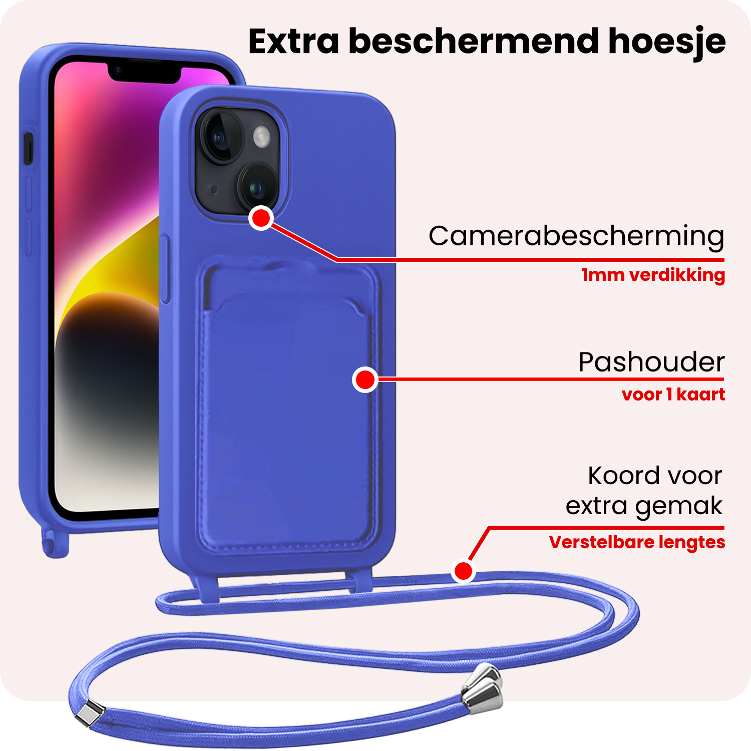 NoXx NoXx iPhone 14 Hoesje Pashouder met Koord - Fel Blauw
