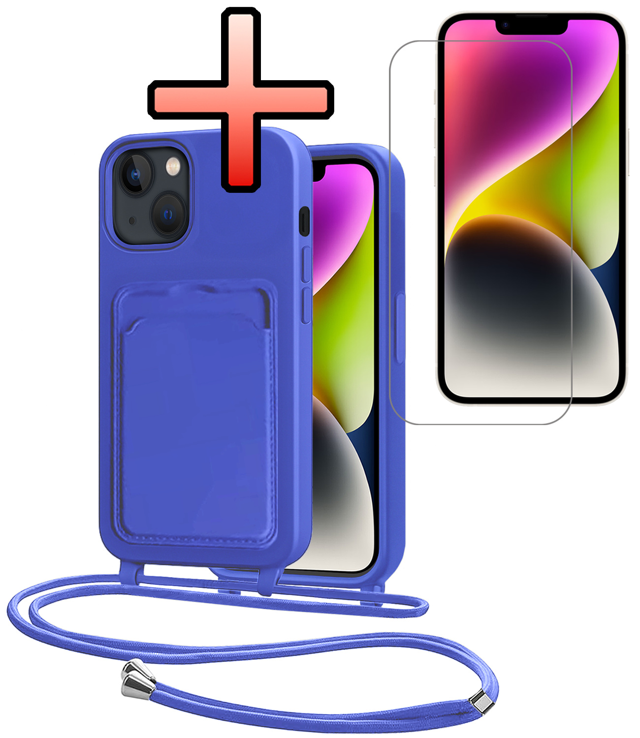 NoXx NoXx iPhone 14 Hoesje Pashouder met Koord Met Screenprotector - Fel Blauw