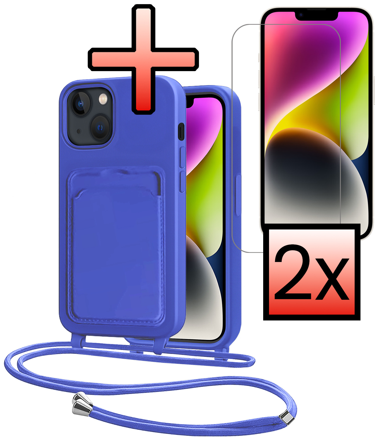 NoXx NoXx iPhone 14 Hoesje Pashouder met Koord Met 2x Screenprotector - Fel Blauw