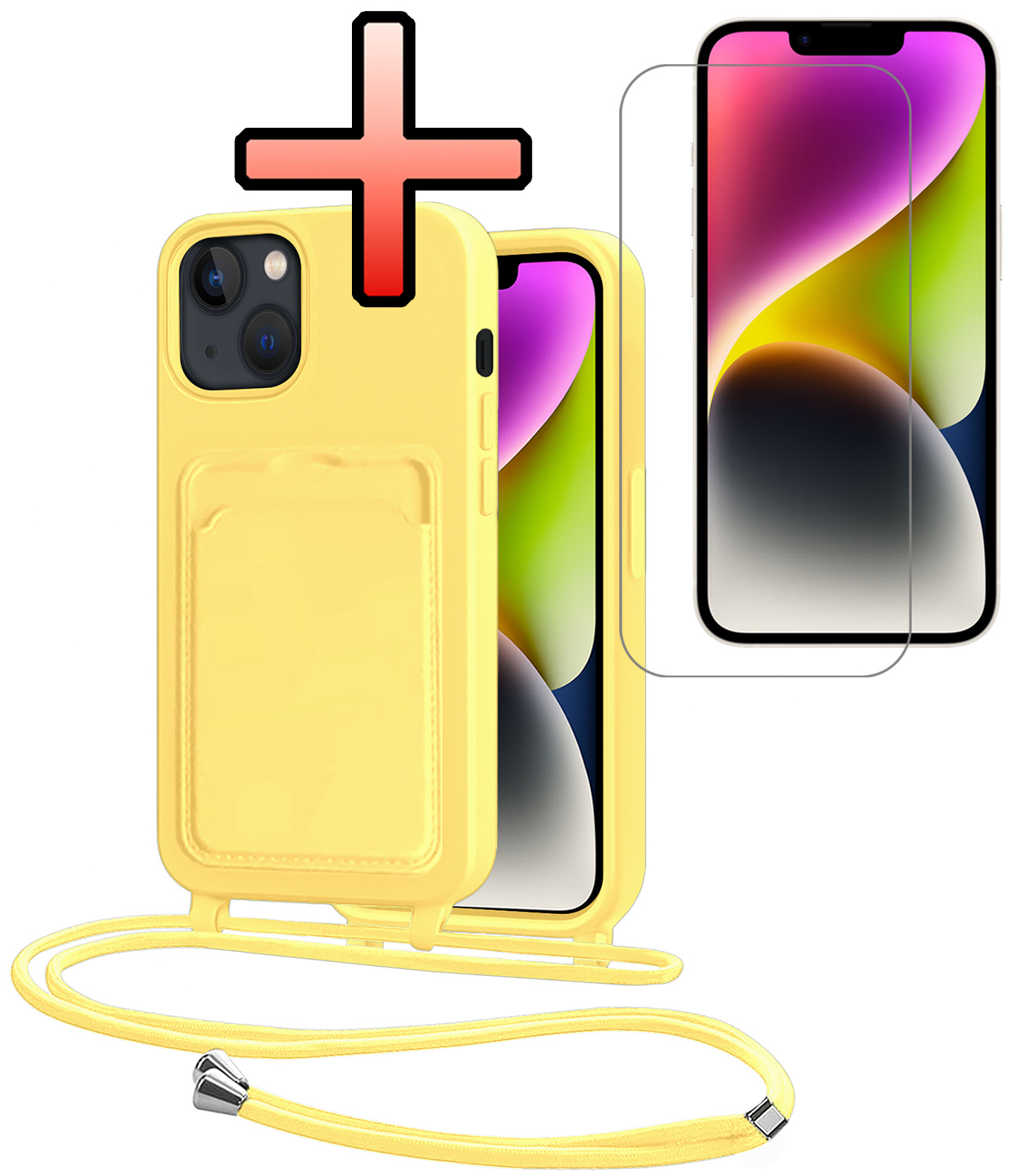 NoXx NoXx iPhone 14 Hoesje Pashouder met Koord Met Screenprotector - Geel