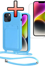 NoXx NoXx iPhone 14 Hoesje Pashouder met Koord Met Screenprotector - Lichtblauw