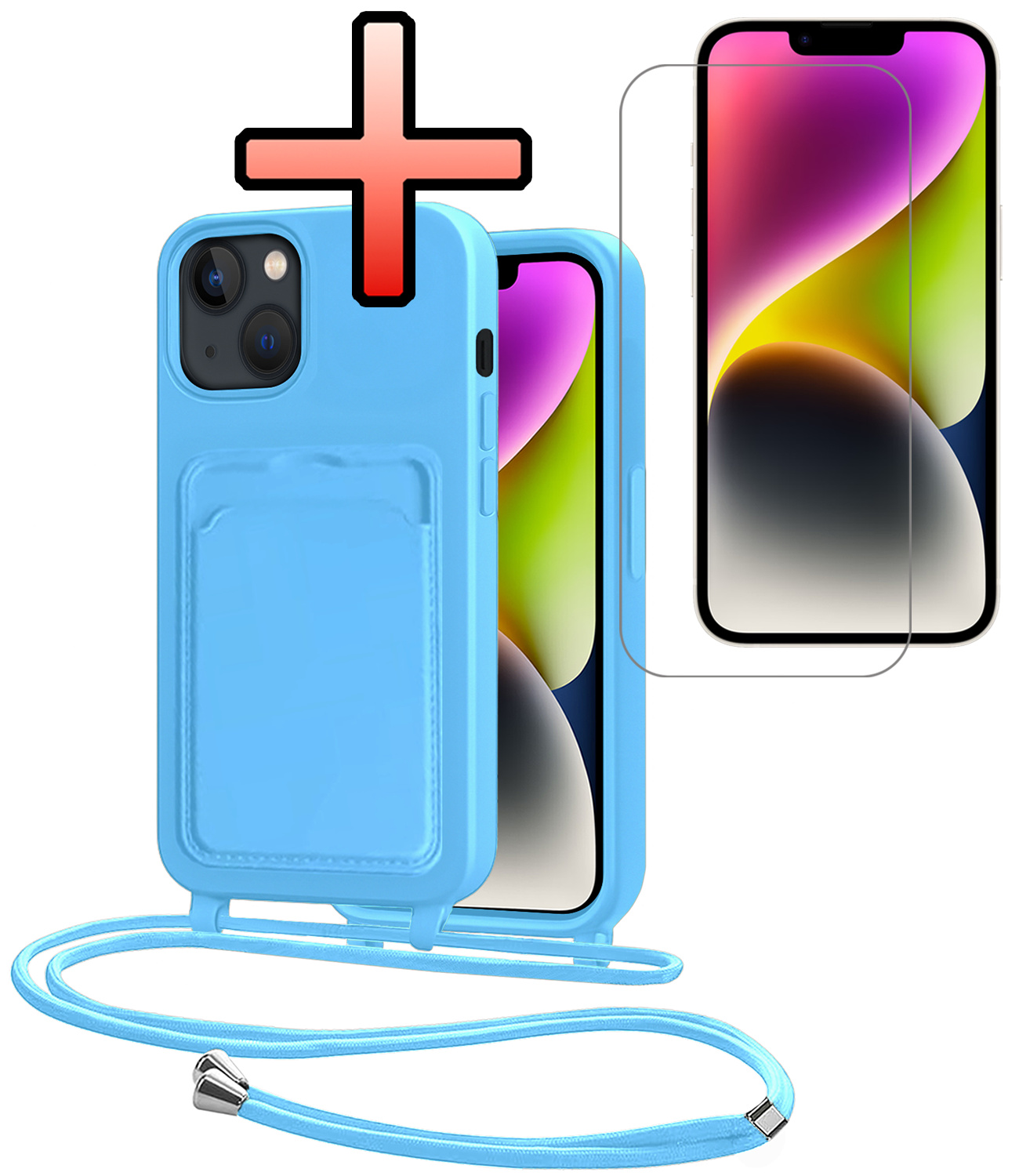 NoXx NoXx iPhone 14 Hoesje Pashouder met Koord Met Screenprotector - Lichtblauw