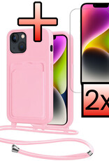 NoXx NoXx iPhone 14 Hoesje Pashouder met Koord Met 2x Screenprotector - Lichtroze