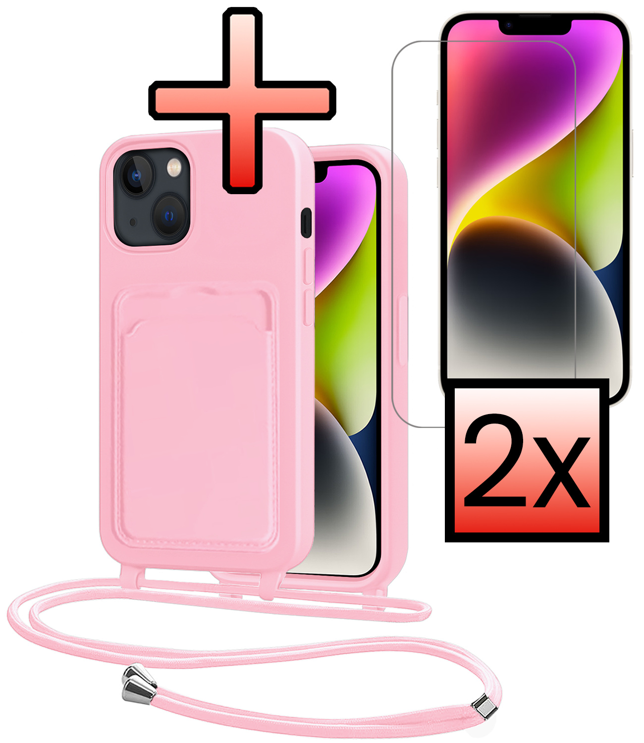 NoXx NoXx iPhone 14 Hoesje Pashouder met Koord Met 2x Screenprotector - Lichtroze
