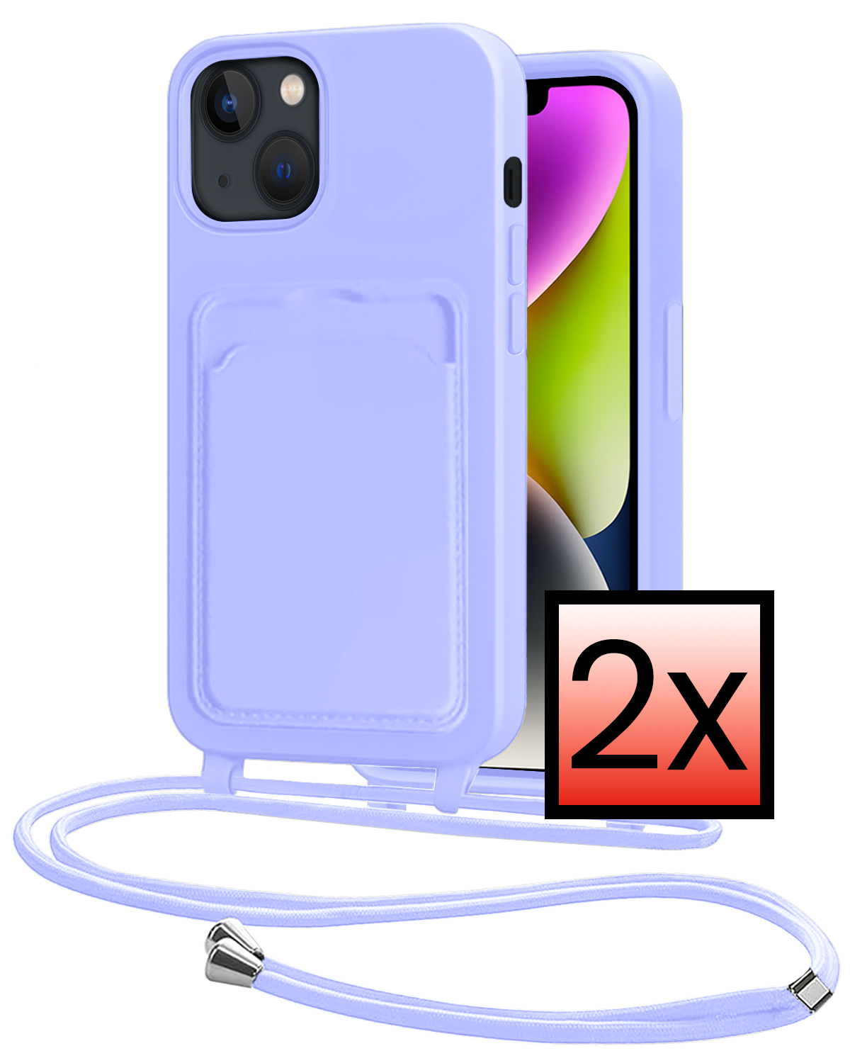 NoXx NoXx iPhone 14 Hoesje Pashouder met Koord - Lila - 2 PACK