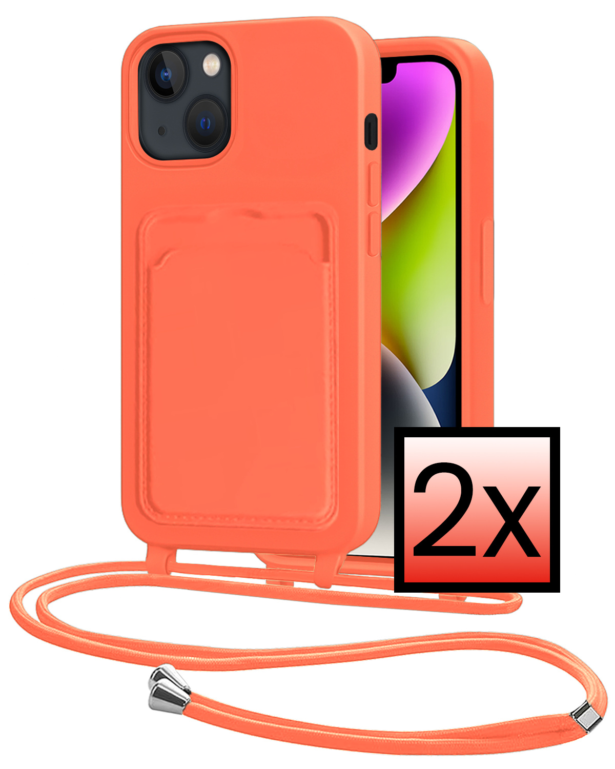 NoXx NoXx iPhone 14 Hoesje Pashouder met Koord - Papaya - 2 PACK