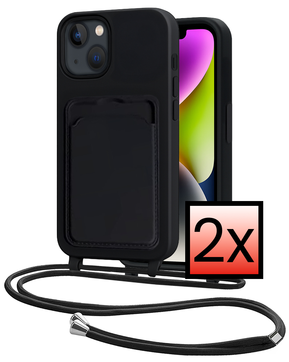 NoXx NoXx iPhone 14 Hoesje Pashouder met Koord - Zwart - 2 PACK