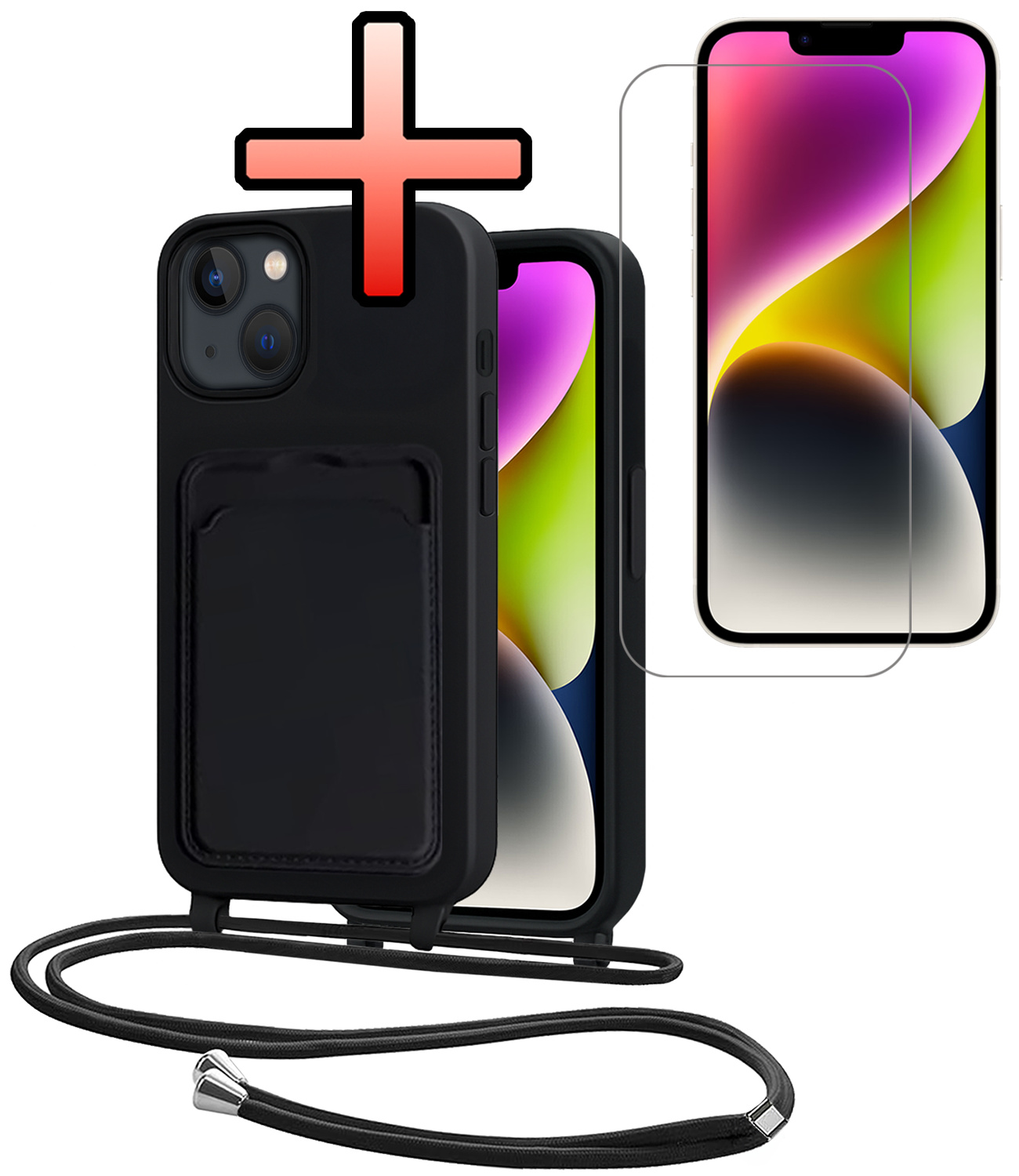 NoXx NoXx iPhone 14 Hoesje Pashouder met Koord Met Screenprotector - Zwart