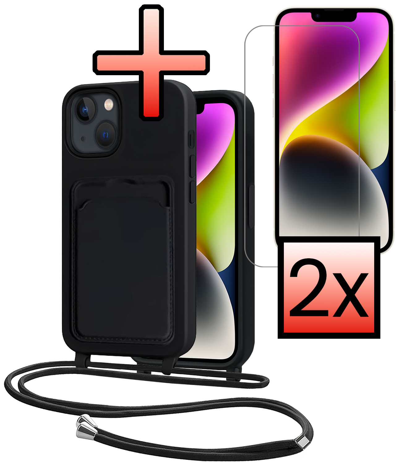 NoXx NoXx iPhone 14 Hoesje Pashouder met Koord Met 2x Screenprotector - Zwart