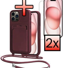 NoXx NoXx iPhone 14 Pro Hoesje Pashouder met Koord Met 2x Screenprotector - Aubergine