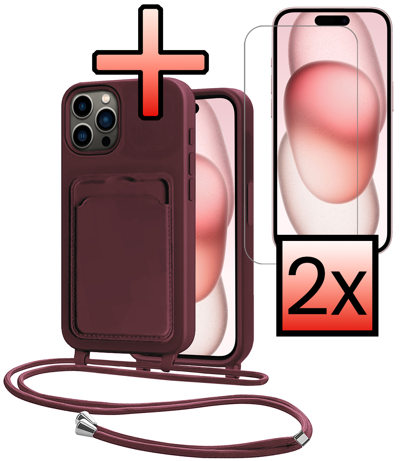 NoXx NoXx iPhone 14 Pro Hoesje Pashouder met Koord Met 2x Screenprotector - Aubergine