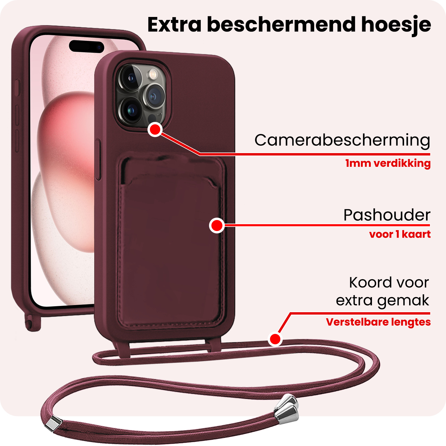 NoXx NoXx iPhone 14 Pro Hoesje Pashouder met Koord Met 2x Screenprotector - Aubergine