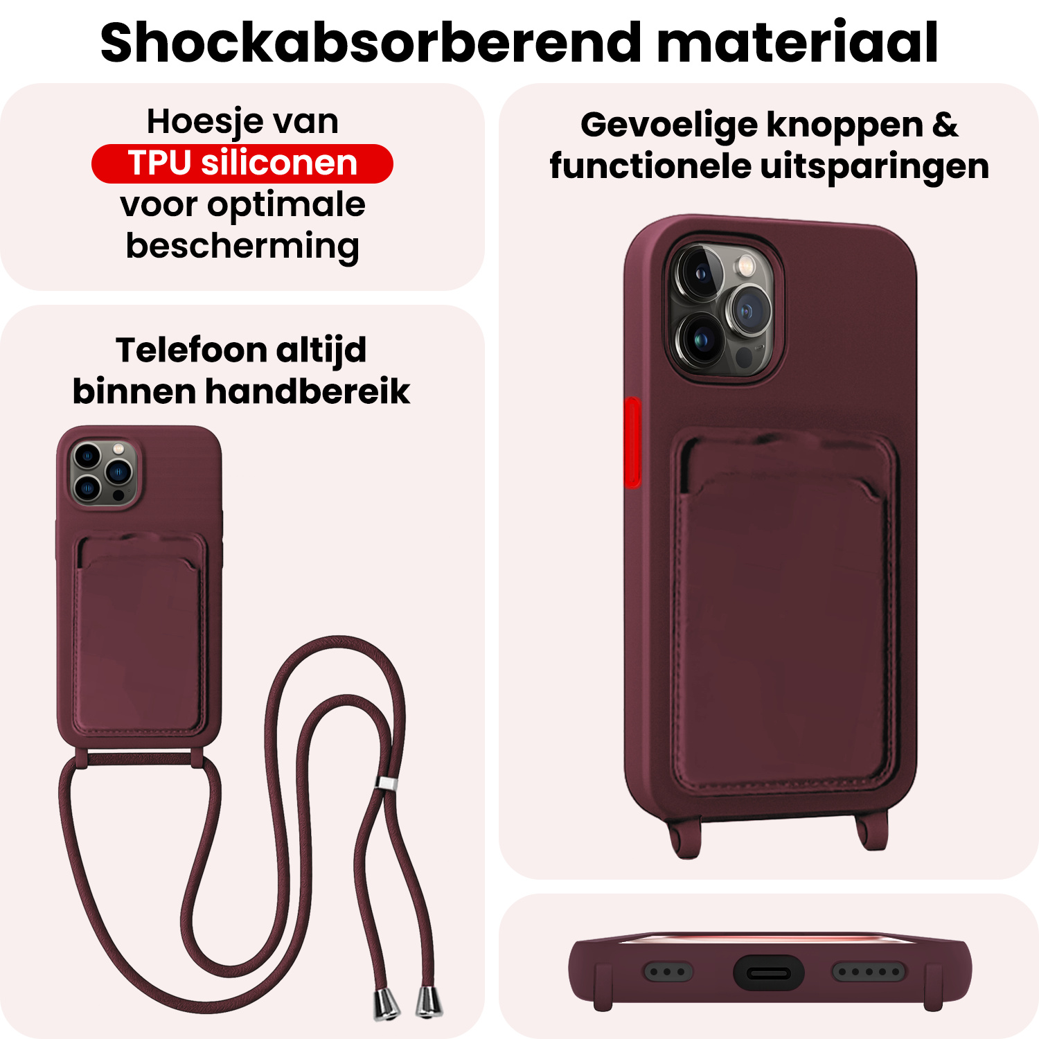 NoXx NoXx iPhone 14 Pro Hoesje Pashouder met Koord Met 2x Screenprotector - Aubergine