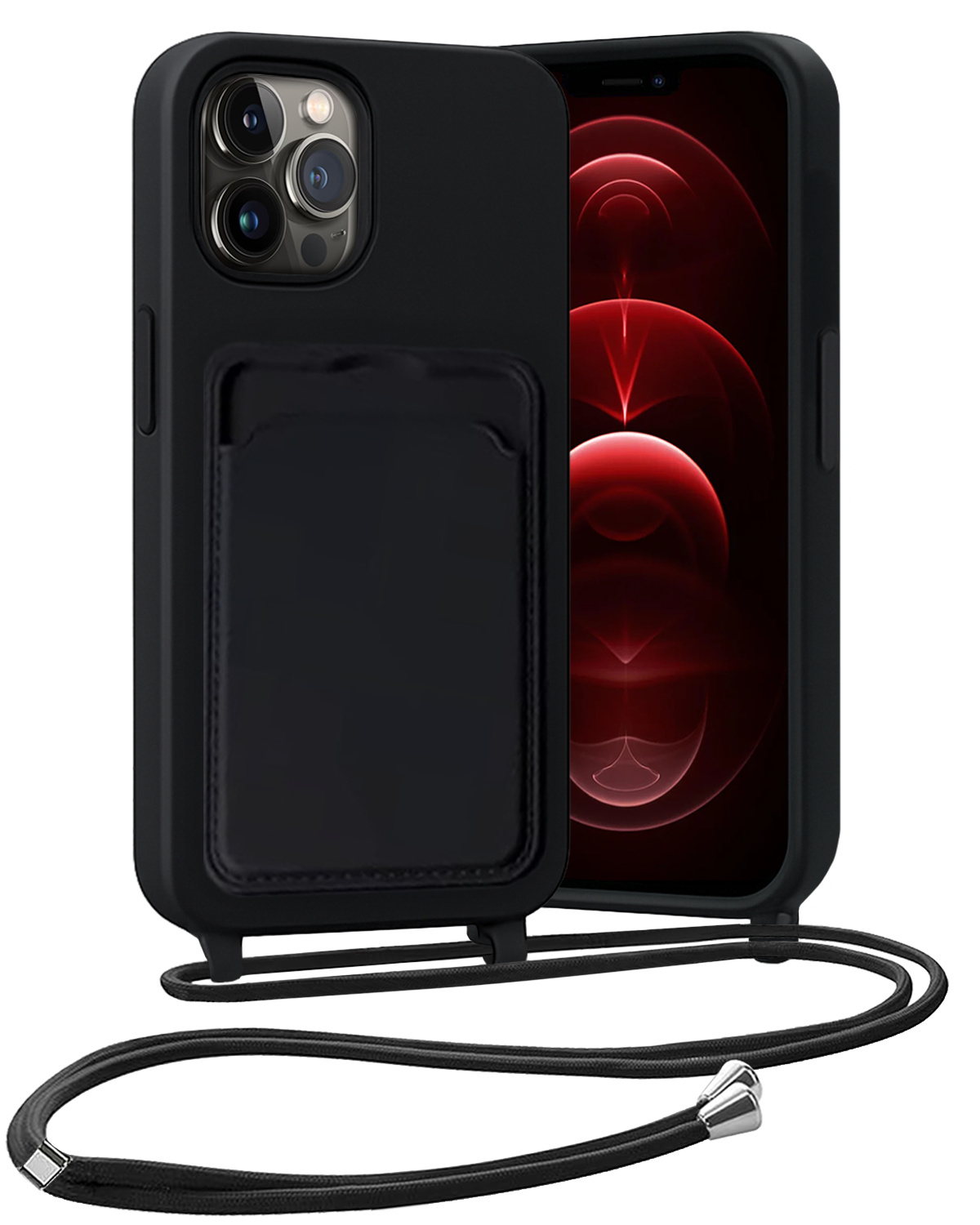 NoXx NoXx iPhone 14 Pro Hoesje Pashouder met Koord Met Screenprotector - Donkergroen