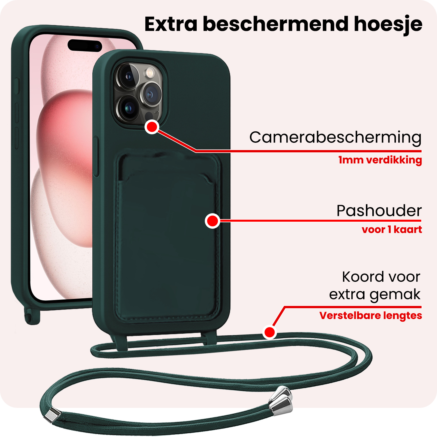 NoXx NoXx iPhone 14 Pro Hoesje Pashouder met Koord Met Screenprotector - Donkergroen