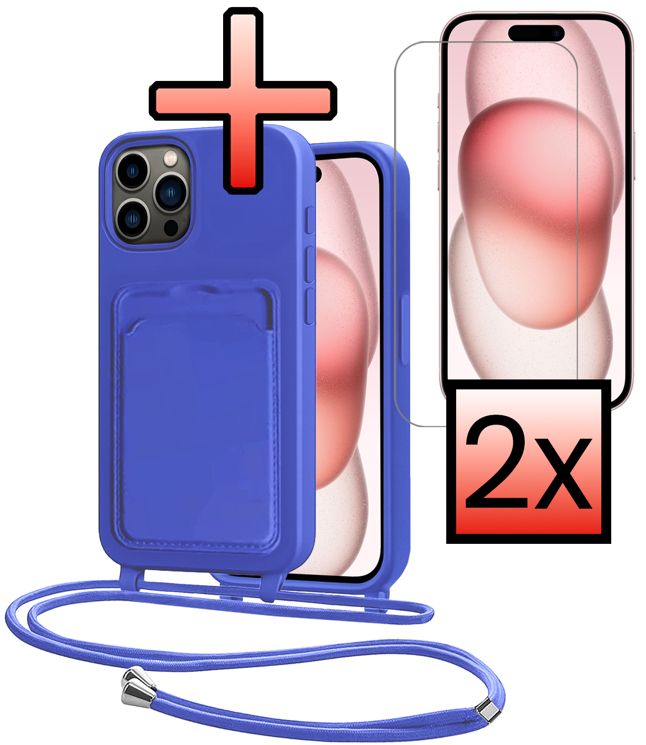 NoXx NoXx iPhone 14 Pro Hoesje Pashouder met Koord Met 2x Screenprotector - Fel Blauw