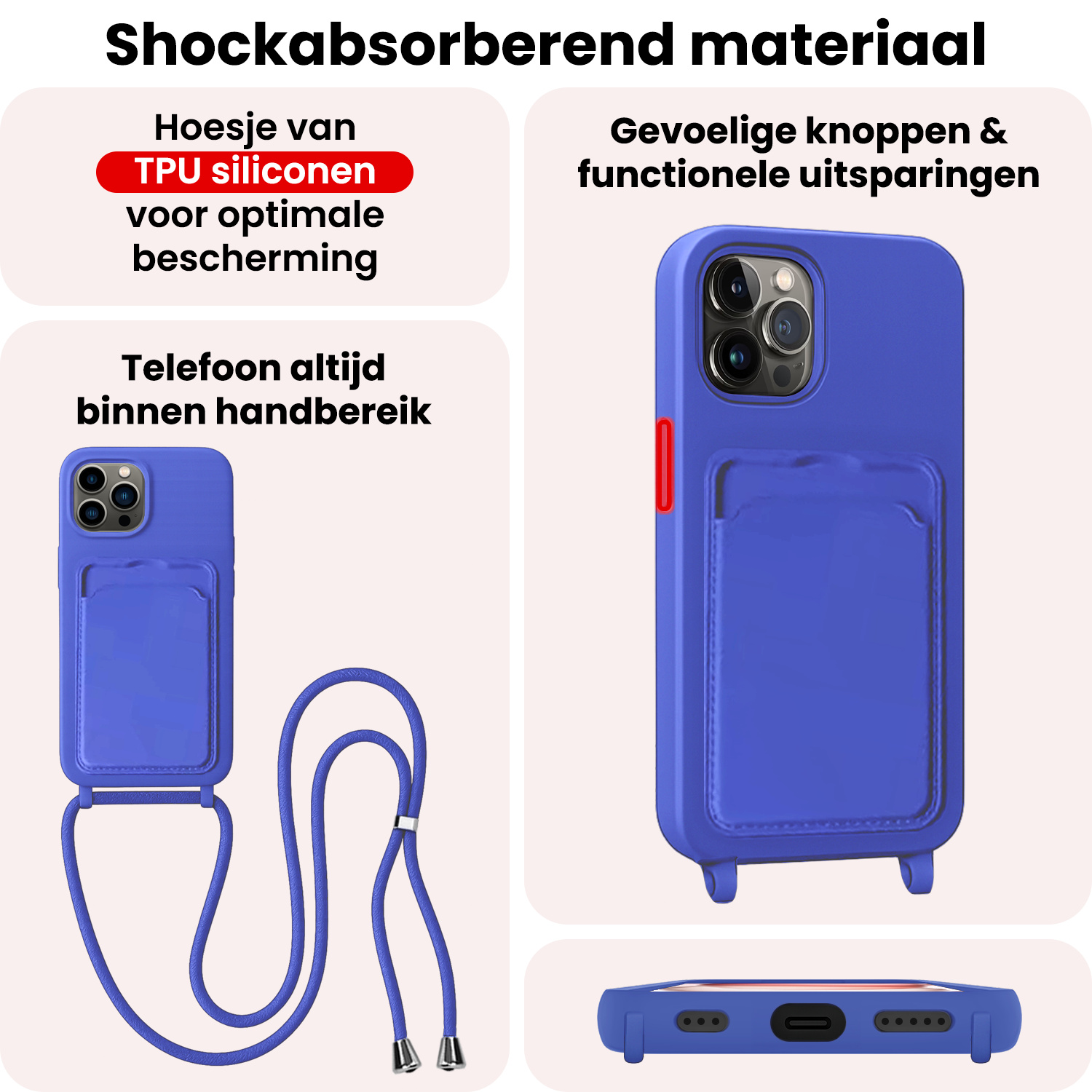 NoXx NoXx iPhone 14 Pro Hoesje Pashouder met Koord Met 2x Screenprotector - Fel Blauw