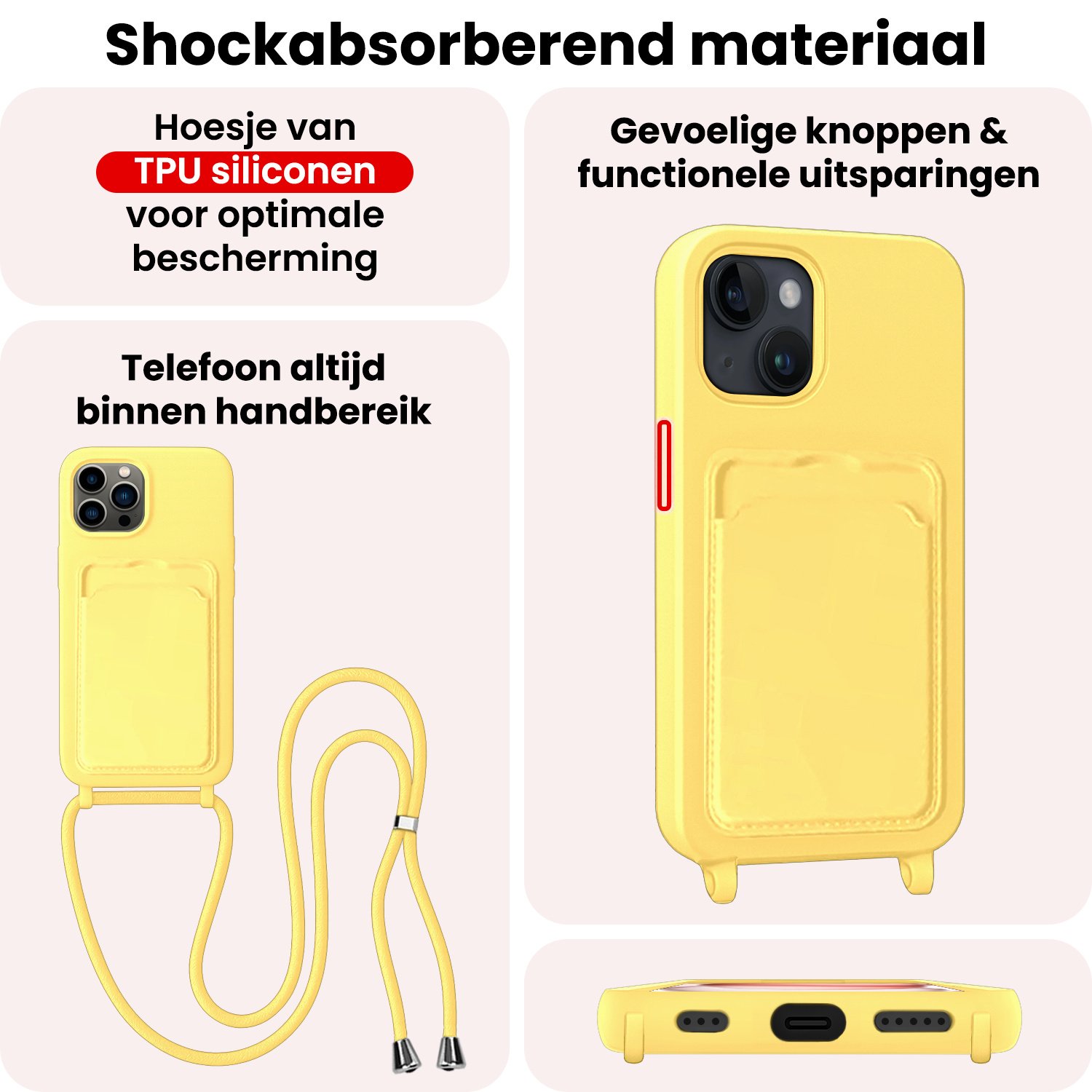 NoXx NoXx iPhone 14 Pro Hoesje Pashouder met Koord - Geel