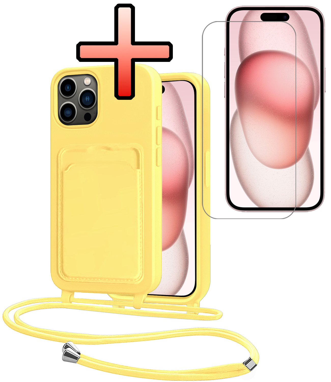 NoXx NoXx iPhone 14 Pro Hoesje Pashouder met Koord Met Screenprotector - Geel