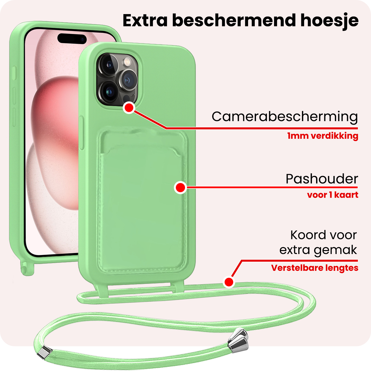 NoXx NoXx iPhone 14 Pro Hoesje Pashouder met Koord Met Screenprotector - Groen