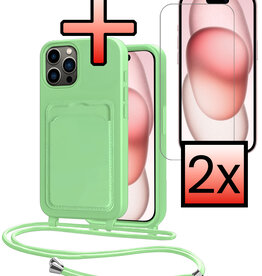 NoXx NoXx iPhone 14 Pro Hoesje Pashouder met Koord Met 2x Screenprotector - Groen