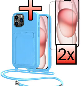NoXx NoXx iPhone 14 Pro Hoesje Pashouder met Koord Met 2x Screenprotector - Lichtblauw