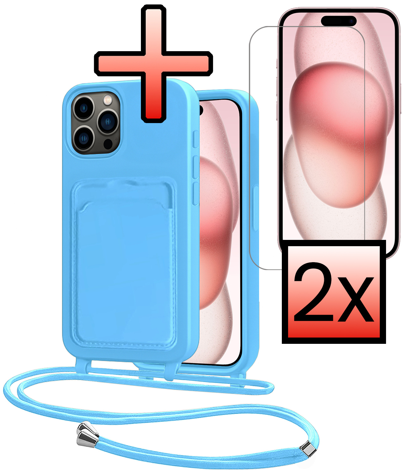 NoXx NoXx iPhone 14 Pro Hoesje Pashouder met Koord Met 2x Screenprotector - Lichtblauw