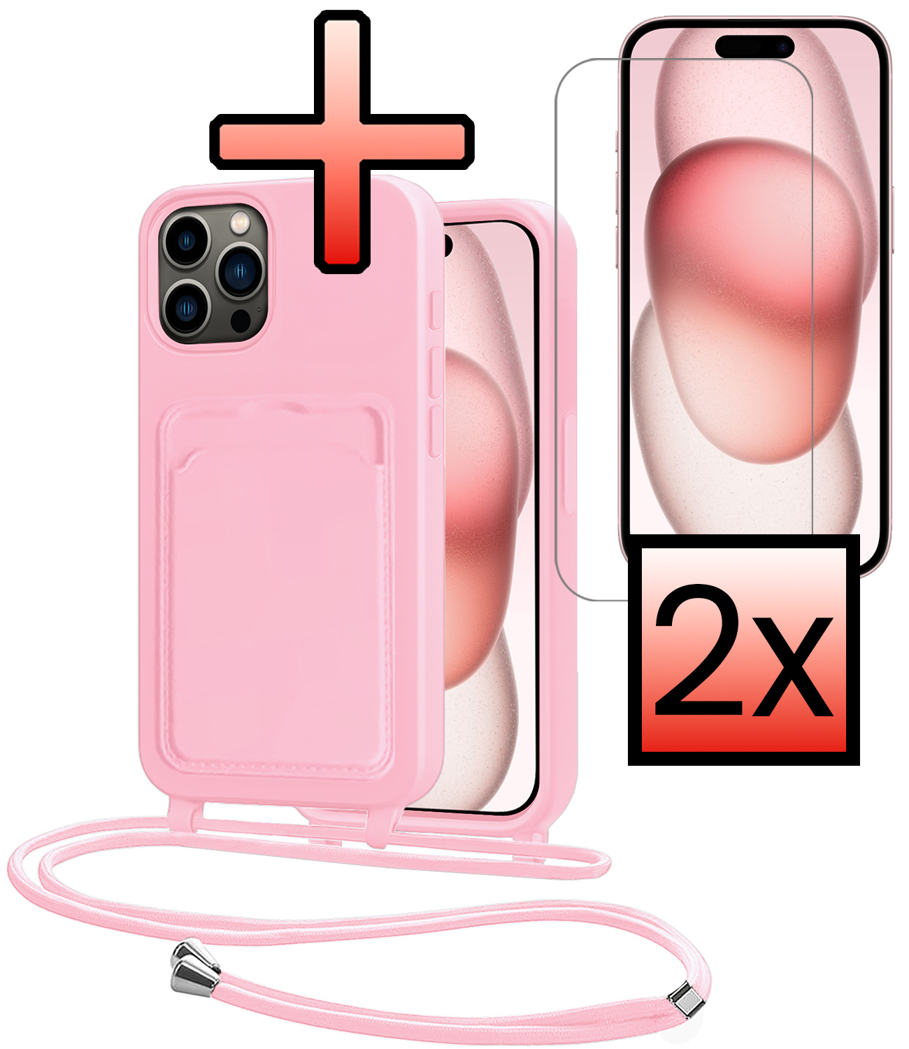 NoXx NoXx iPhone 14 Pro Hoesje Pashouder met Koord Met 2x Screenprotector - Lichtroze