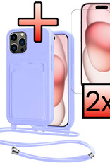 NoXx NoXx iPhone 14 Pro Hoesje Pashouder met Koord Met 2x Screenprotector - Lila