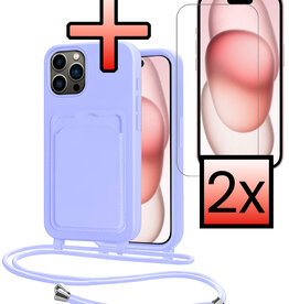 NoXx NoXx iPhone 14 Pro Hoesje Pashouder met Koord Met 2x Screenprotector - Lila
