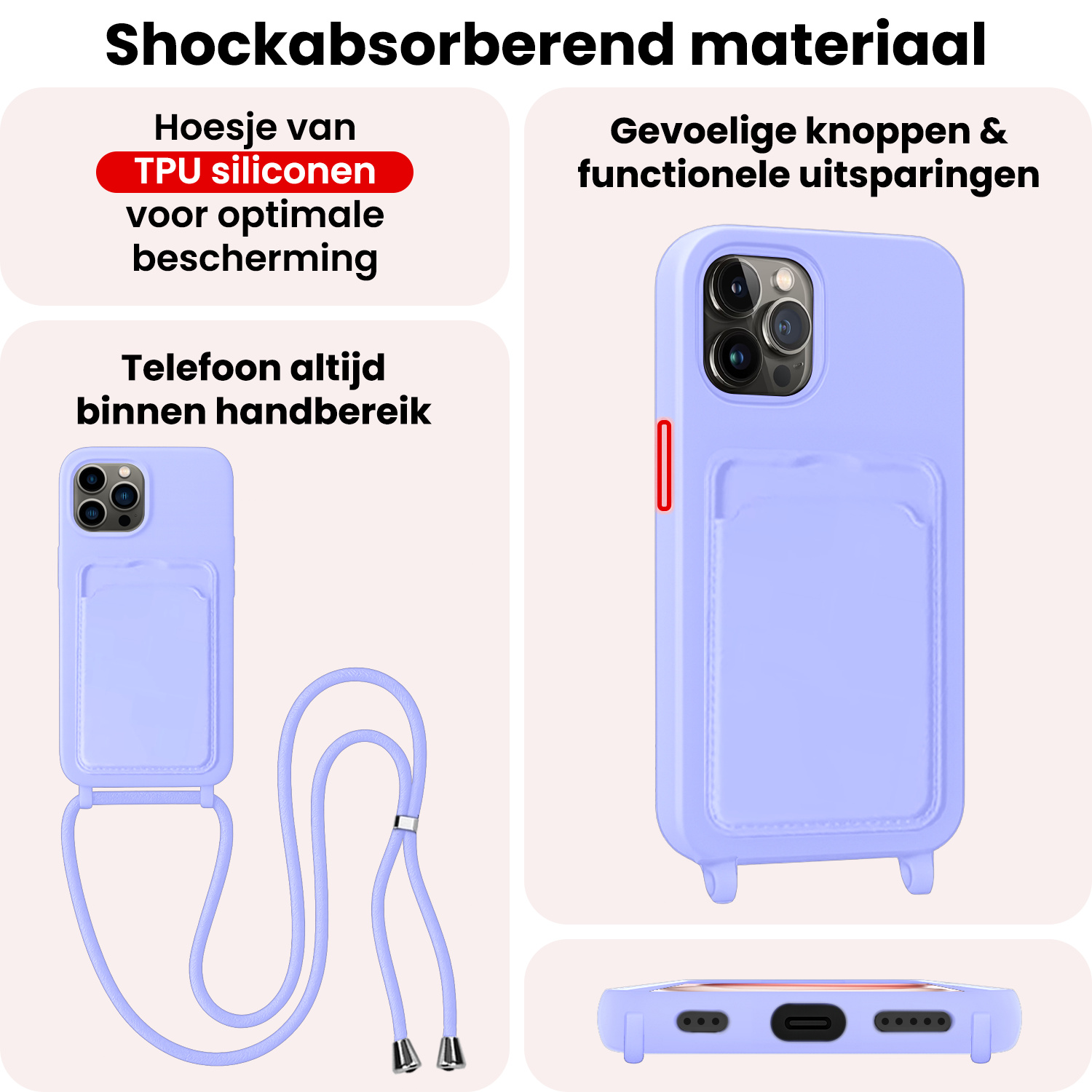 NoXx NoXx iPhone 14 Pro Hoesje Pashouder met Koord Met 2x Screenprotector - Lila