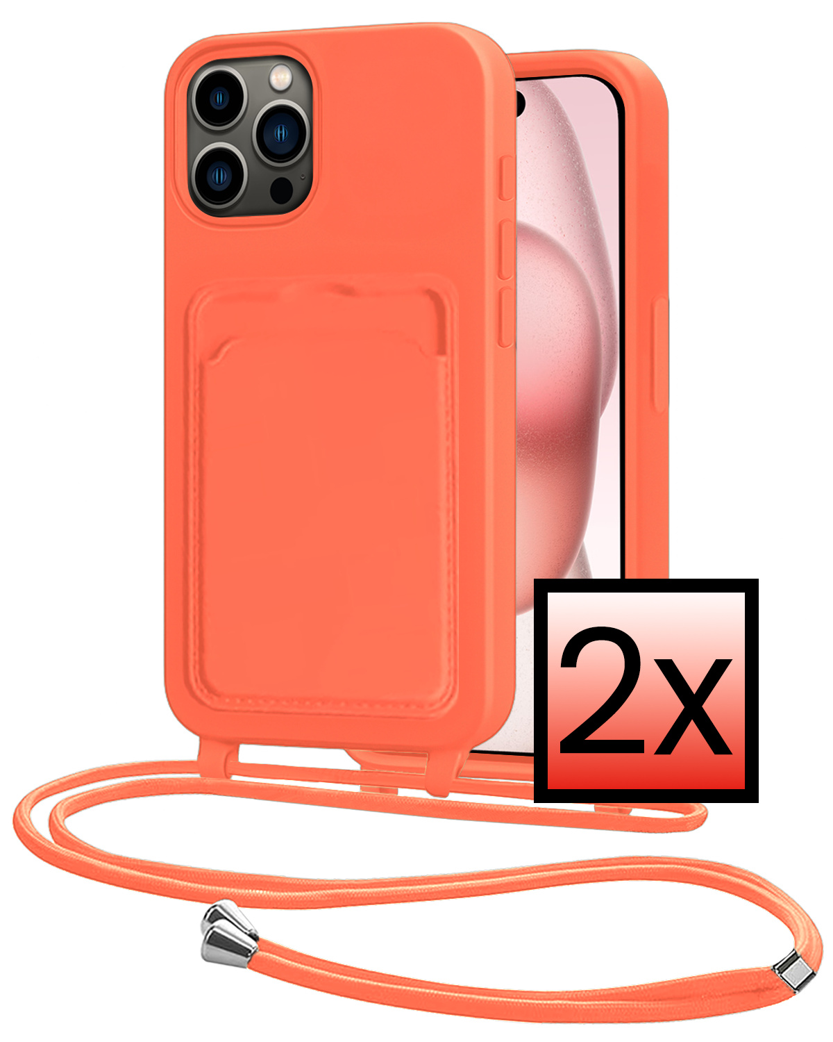 NoXx NoXx iPhone 14 Pro Hoesje Pashouder met Koord - Papaya - 2 PACK