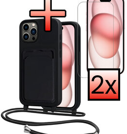 NoXx NoXx iPhone 14 Pro Hoesje Pashouder met Koord Met 2x Screenprotector - Zwart