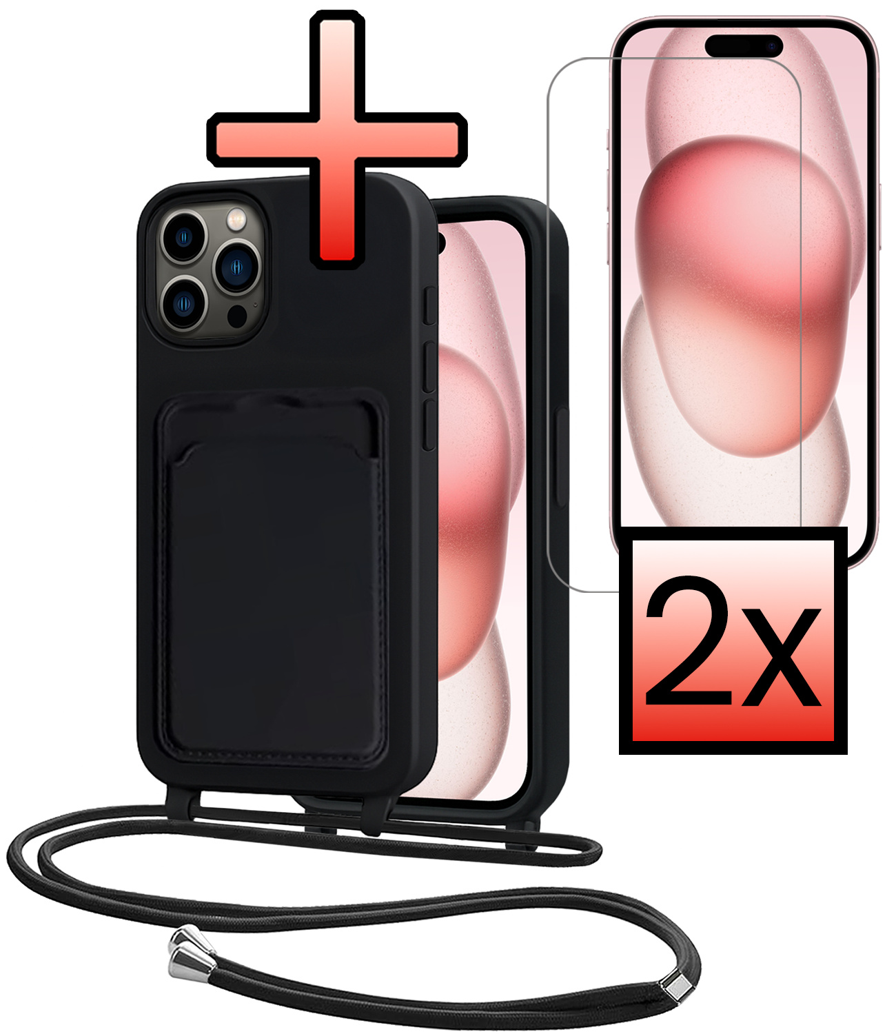 NoXx NoXx iPhone 14 Pro Hoesje Pashouder met Koord Met 2x Screenprotector - Zwart