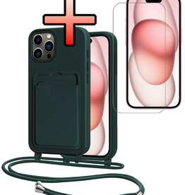 NoXx NoXx iPhone 14 Pro Max Hoesje Pashouder met Koord Met Screenprotector - Donkergroen