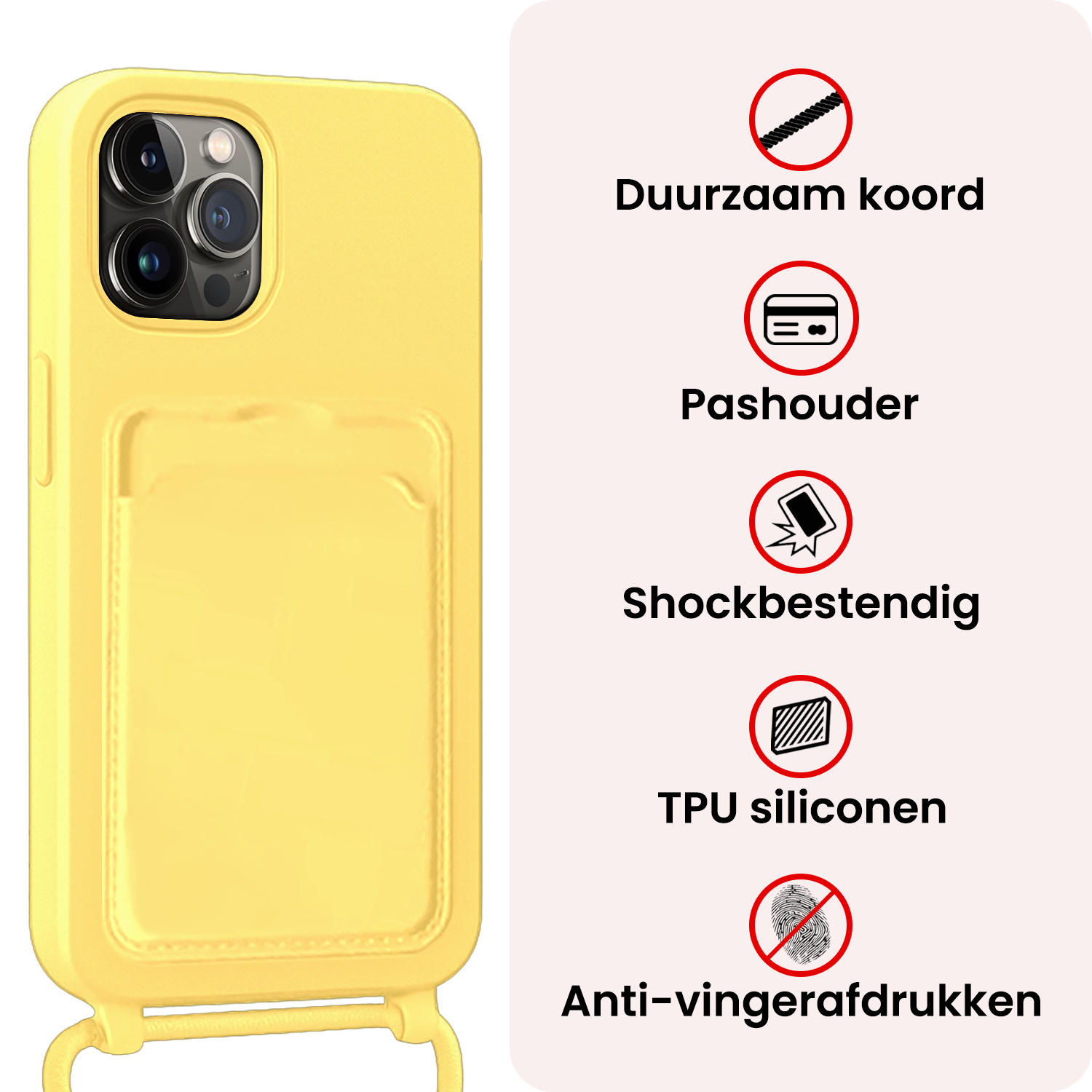 NoXx NoXx iPhone 14 Pro Max Hoesje Pashouder met Koord Met 2x Screenprotector - Geel