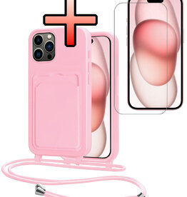 NoXx NoXx iPhone 14 Pro Max Hoesje Pashouder met Koord Met Screenprotector - Lichtroze