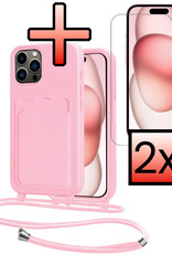 NoXx NoXx iPhone 14 Pro Max Hoesje Pashouder met Koord Met 2x Screenprotector - Lichtroze