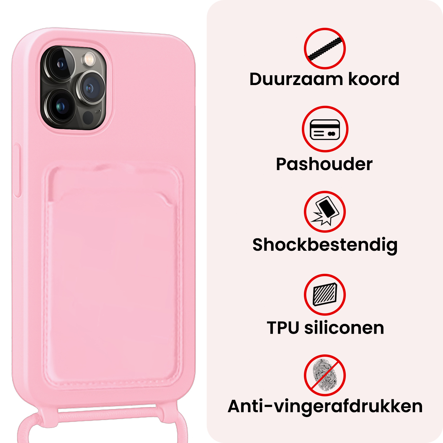 NoXx NoXx iPhone 14 Pro Max Hoesje Pashouder met Koord Met 2x Screenprotector - Lichtroze
