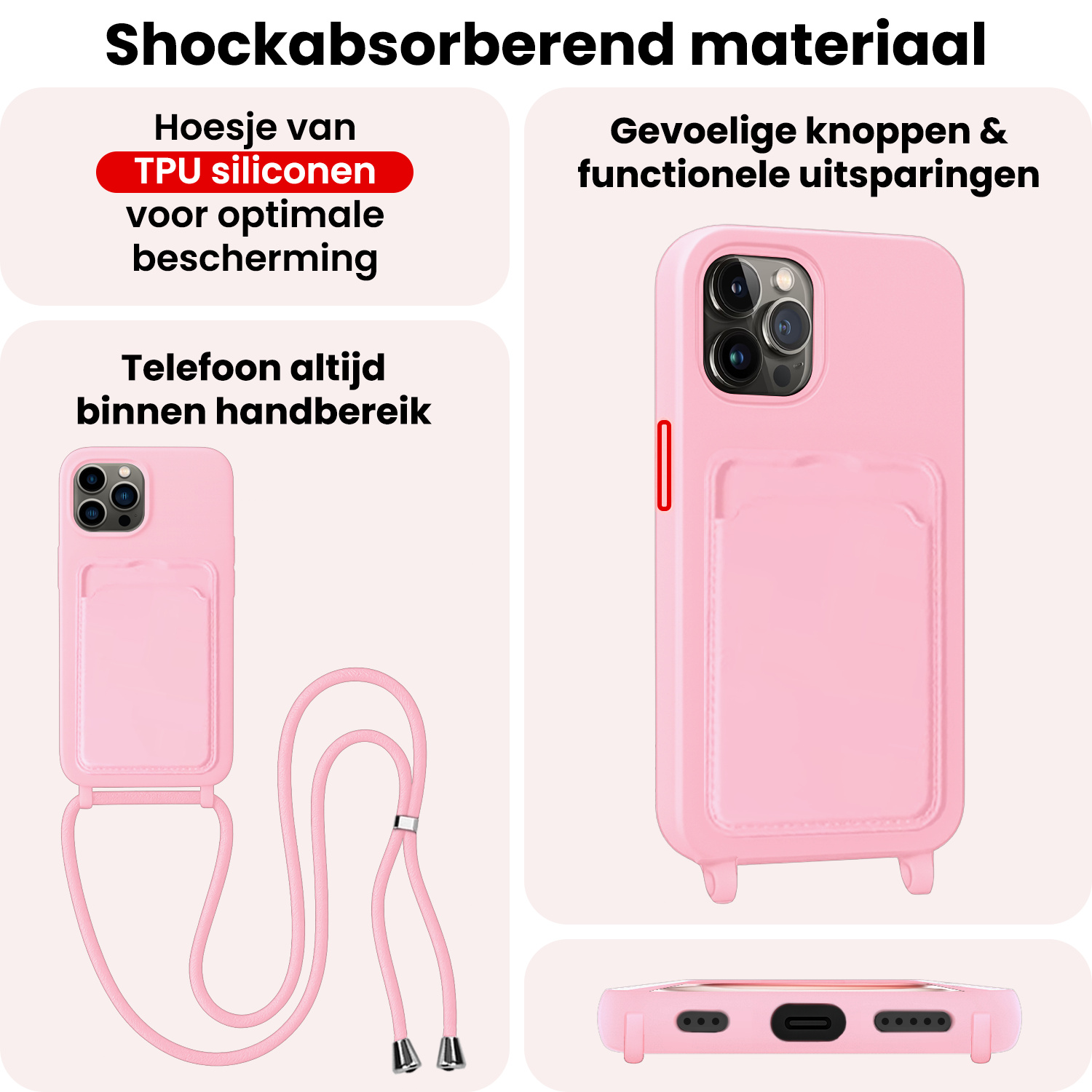NoXx NoXx iPhone 14 Pro Max Hoesje Pashouder met Koord Met 2x Screenprotector - Lichtroze