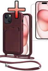 NoXx NoXx iPhone 15 Plus Hoesje Pashouder met Koord Met Screenprotector - Aubergine