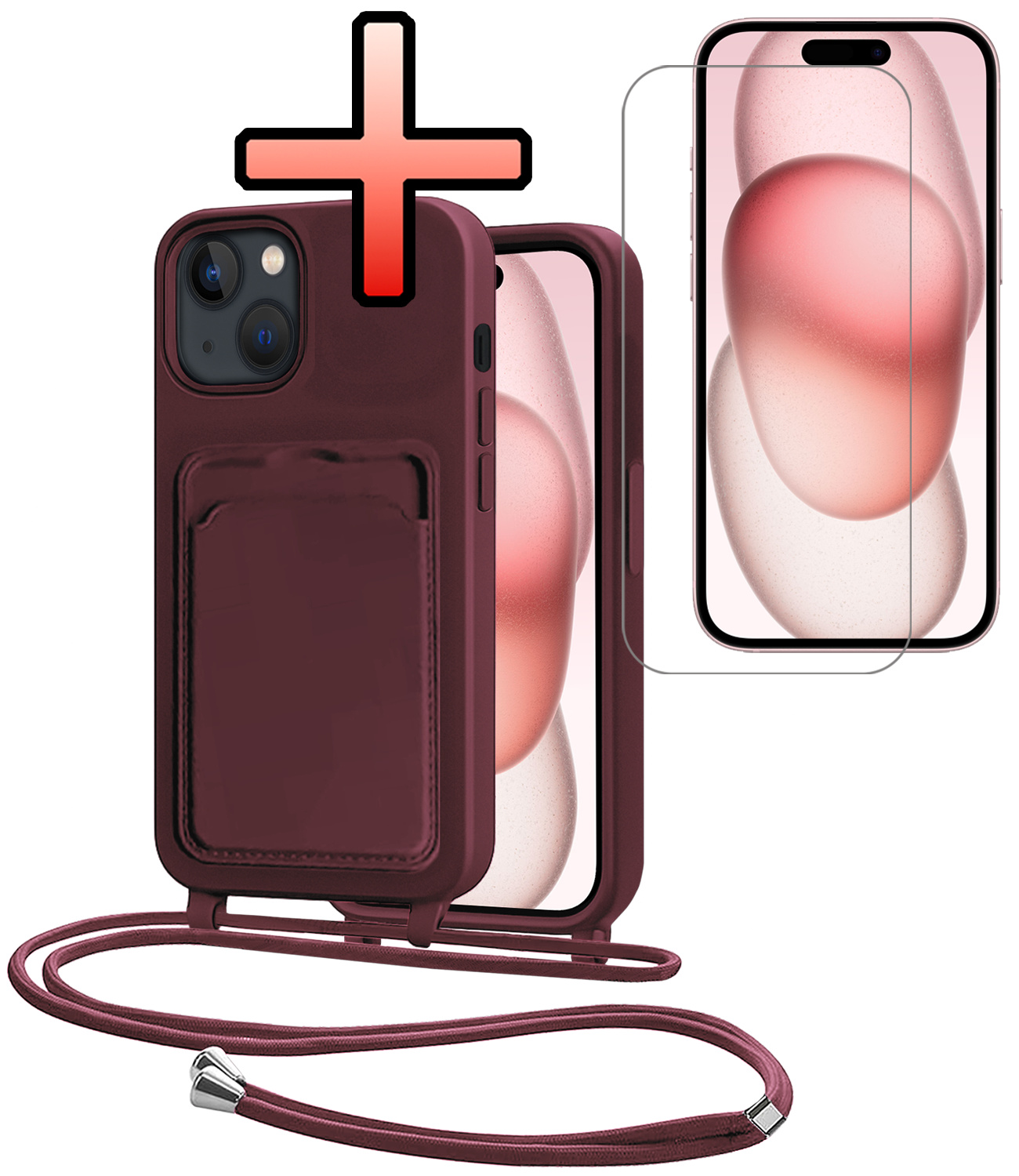 NoXx NoXx iPhone 15 Plus Hoesje Pashouder met Koord Met Screenprotector - Aubergine