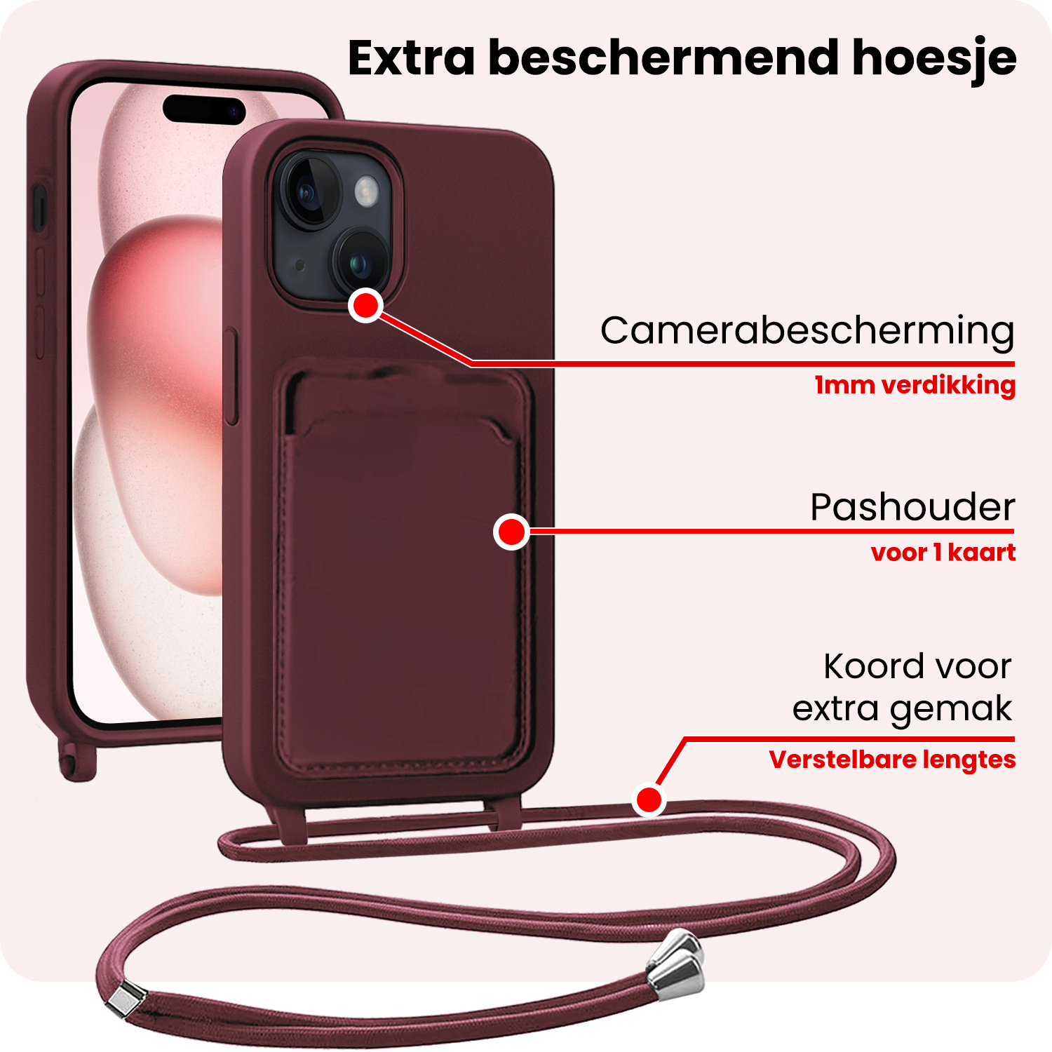 NoXx NoXx iPhone 15 Plus Hoesje Pashouder met Koord Met Screenprotector - Aubergine