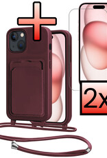NoXx NoXx iPhone 15 Plus Hoesje Pashouder met Koord Met 2x Screenprotector - Aubergine
