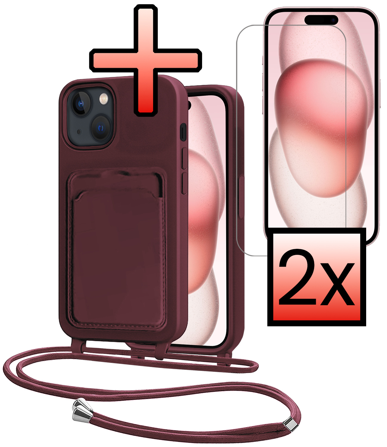 NoXx NoXx iPhone 15 Plus Hoesje Pashouder met Koord Met 2x Screenprotector - Aubergine