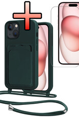 NoXx NoXx iPhone 15 Plus Hoesje Pashouder met Koord Met Screenprotector - Donkergroen