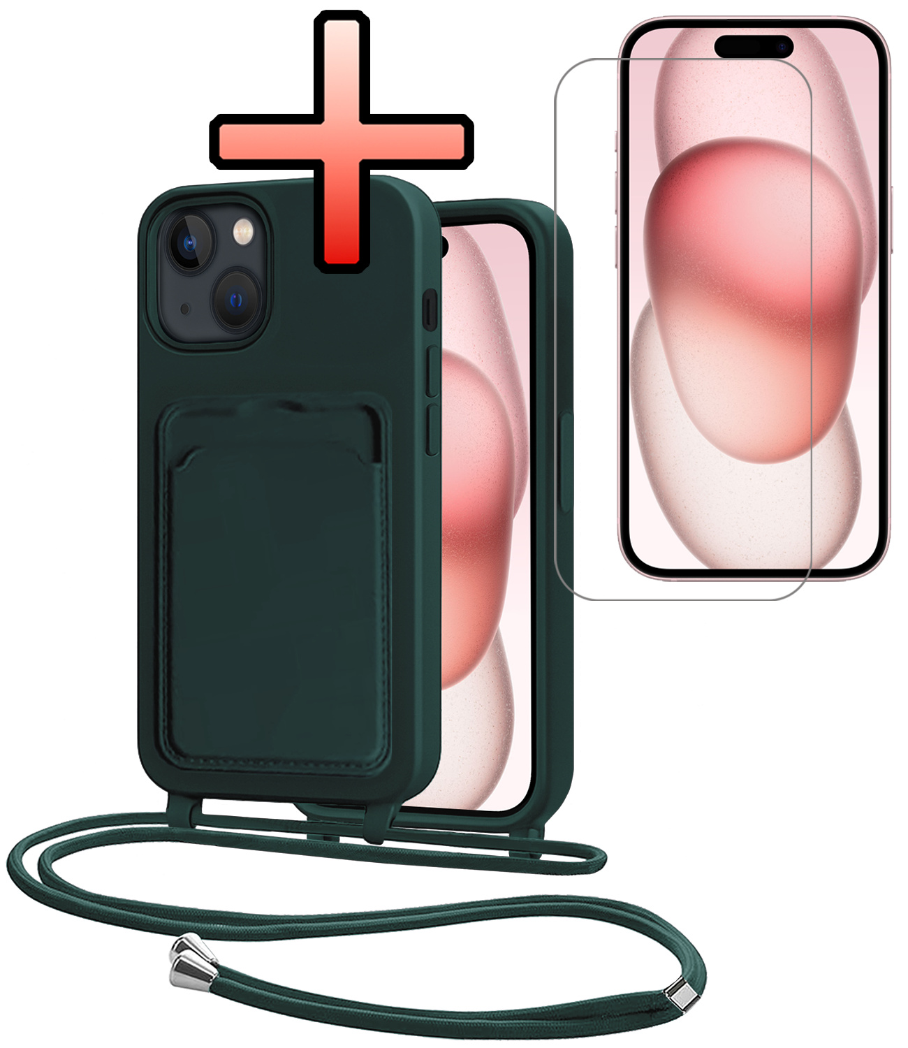 NoXx NoXx iPhone 15 Plus Hoesje Pashouder met Koord Met Screenprotector - Donkergroen